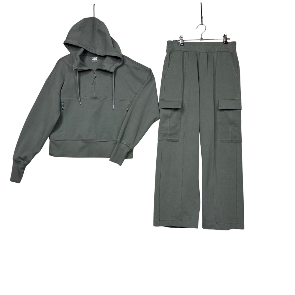 Old Navy Tracksuit Set Women M Petite Green Dynamic Fleece Hoodie Cargo Pants